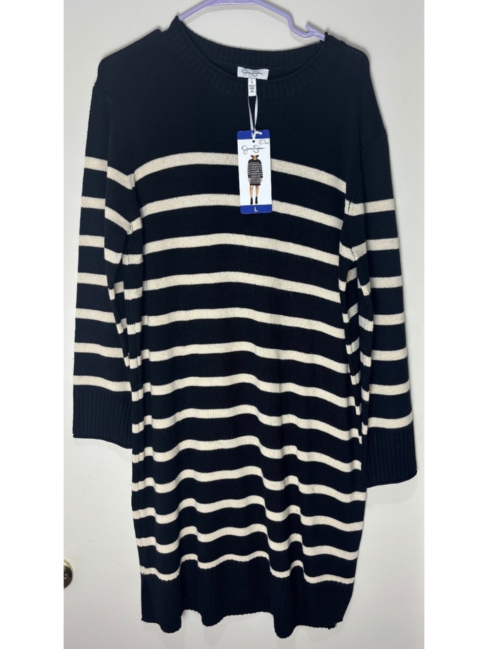 Jessica Simpson Sweater Dress Womens L Black Cream Striped Long Sleeve NWT